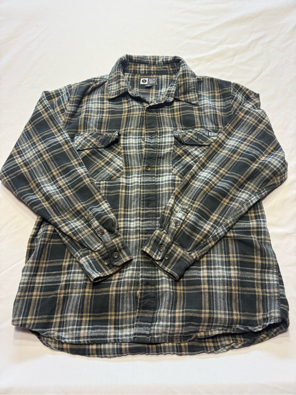 Salty Crew Green and Tan Plaid Button-Down Shirt
